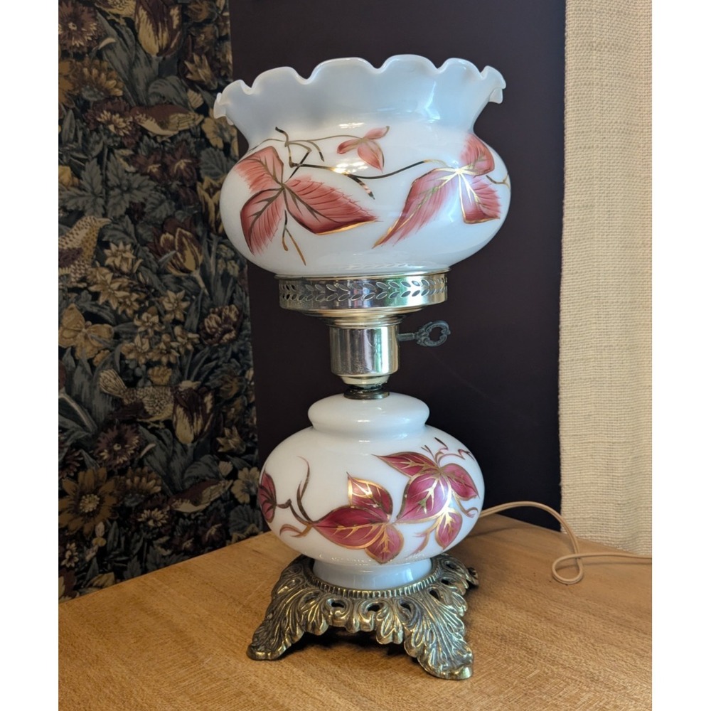 Vintage Victorian Style Milk Glass Hurricane Table Lamp Hand Painted 13.5"